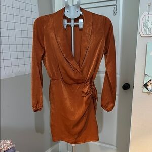 Orange Long Sleeve Sheath Dress with Plunge Neckline